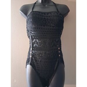 Black Crochet Lace Halter One Piece Swimsuit with Side Button Accents‎ Womens